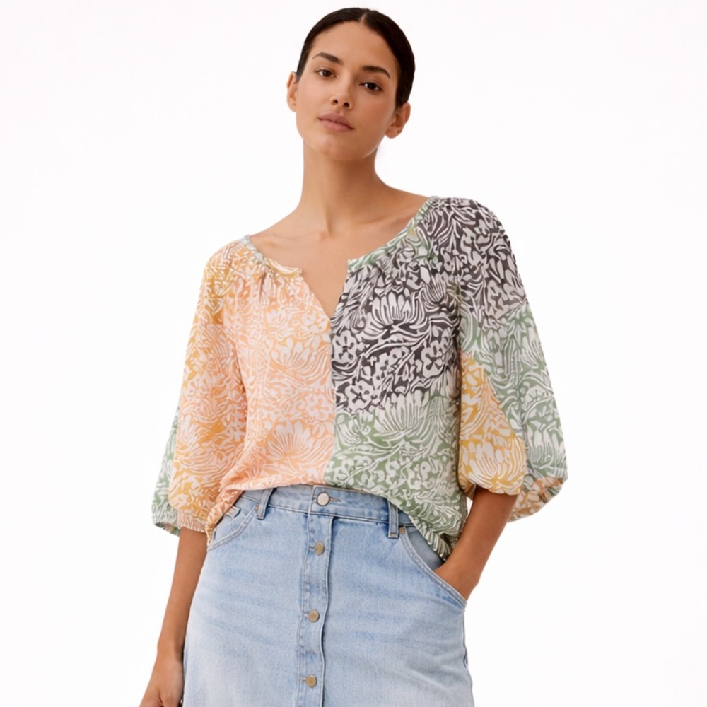 Roller Rabbit mixed print orange green brown &white boho patterned cotton top. L